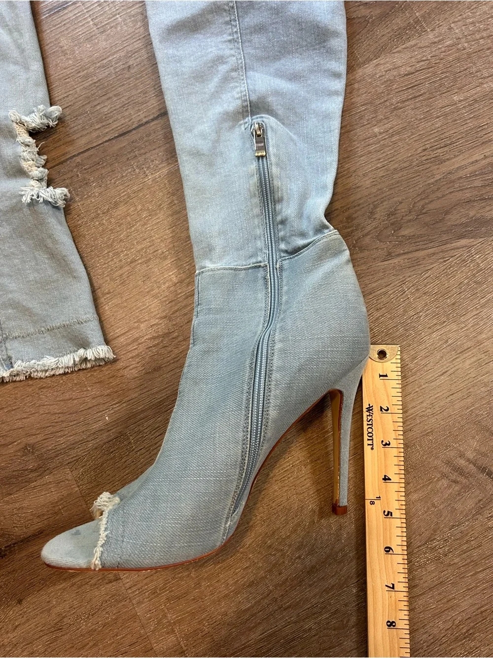 Womens Thigh-High Over-the-Knee Denim Distressed Stiletto Boots Light Wash 11